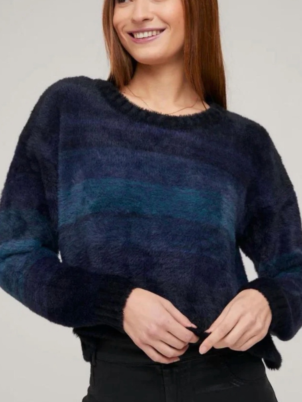 Bella Dahl Black and Teal Fuzzy Striped Crewneck Sweater